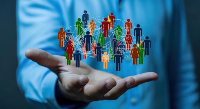 Conceptual Visualization of a Networked Community Displayed on a Hand, Representing Global Connectivity and Social Structures photo