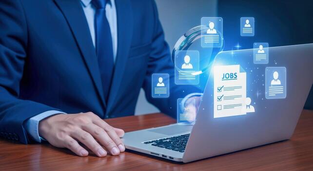 Professional Man Using Laptop for Online Job Search with Digital Profile Icons and List photo