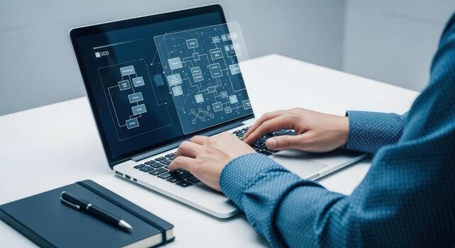 Man working on laptop with abstract flowchart, business process automation, software development concept photo