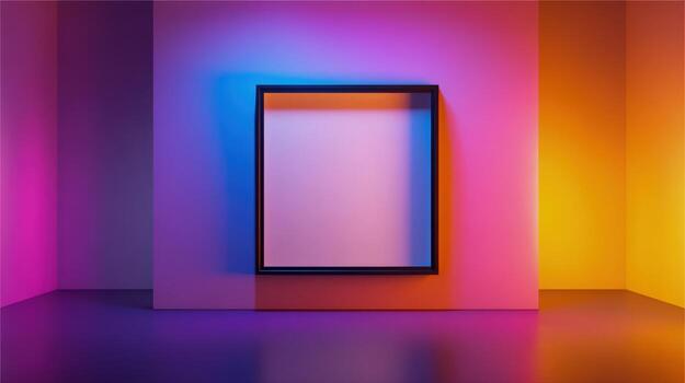 Abstract Neon Room with Empty Frame Modern Interior Design with Customizable Space for Art or Product Display photo