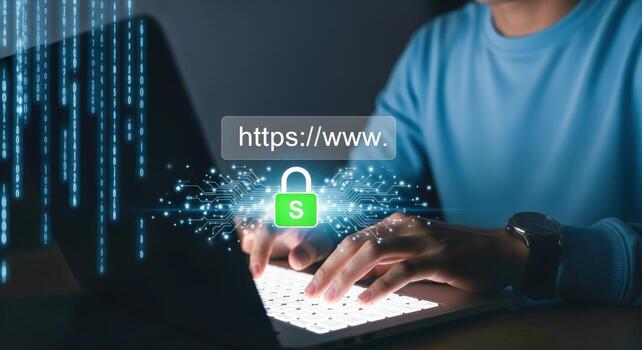 Secure Online Banking Man Typing on Laptop with HTTPS and Lock Icon Overlay photo