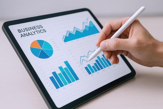 Business Analytics on Tablet Display Data Visualization, Charts, and Market Analysis for Strategic Insights photo