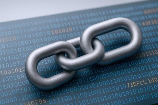 Metal Chain Links Over Digital Binary Code Background Symbolizing Blockchain Technology and Network Security photo
