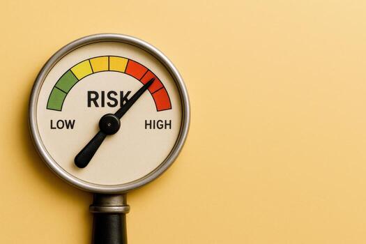 Risk Assessment Gauge Showing High Alert Level, Signifying Financial or Operational Risks and Potential Hazards photo