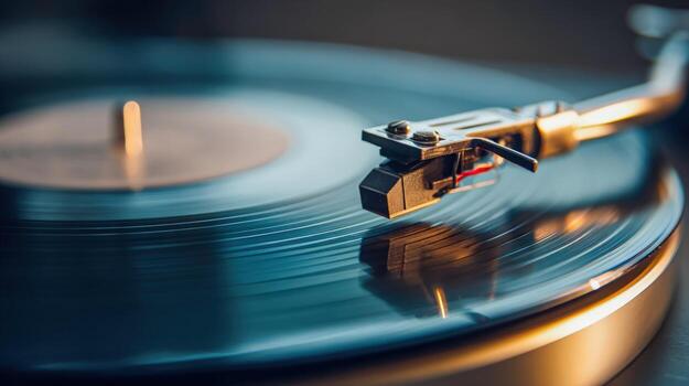 Vinyl Record Player Close-Up Vintage Music Experience with Stylus and Record on Turntable photo