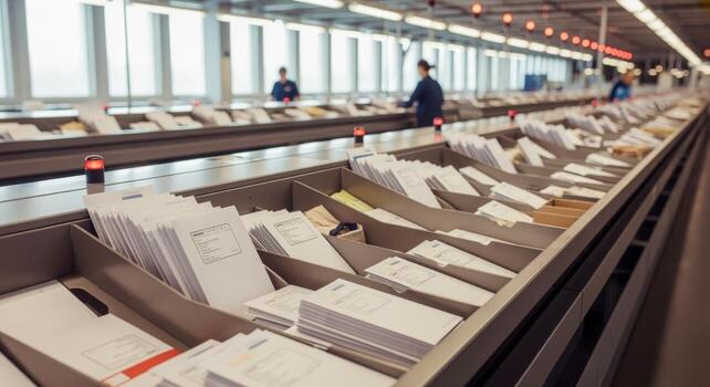Automated Mail Sorting System with Workers Processing Letters in a Large Distribution Center photo