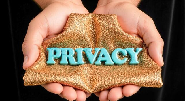 Protecting Privacy Close-up of Hands Holding the Word Privacy on Glittery Material, Conceptual Image for Data Protection photo