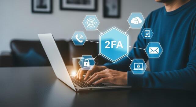 Two-Factor Authentication Man Using Laptop with 2FA Security Icons for Data Protection photo