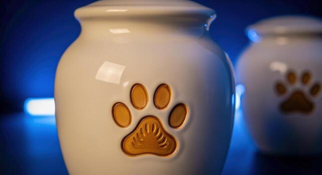 Pet Memorial Ceramic Urns with Paw Print Detail for Ashes Keepsake in Muted Lighting photo