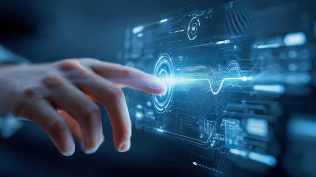 Hand Touching Futuristic Digital Interface Display Screen, Advanced Technology and Innovation, Business Intelligence photo
