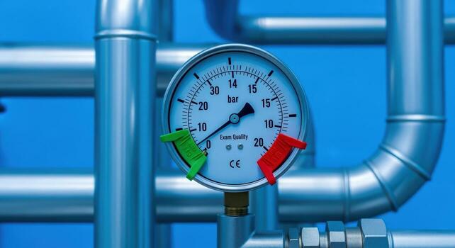 Pressure Gauge Close-Up with Metal Piping System Displaying Accurate Measurement in Industrial Setting photo
