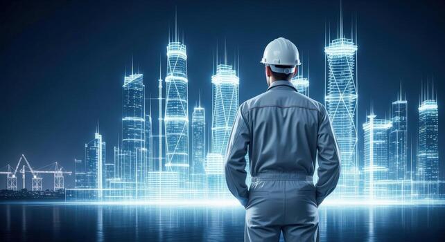 Engineer Overseeing Futuristic City Development with Digital Blueprints and Advanced Construction Technology Innovations photo