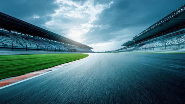 Dramatic Racing Circuit Panorama Empty Grandstands Await Thrilling Competition Under Dynamic Sky photo