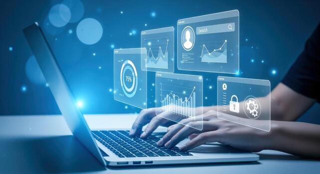 Data Analysis Visualization on Laptop Business Intelligence, Predictive Analytics, and Cybersecurity Concepts photo