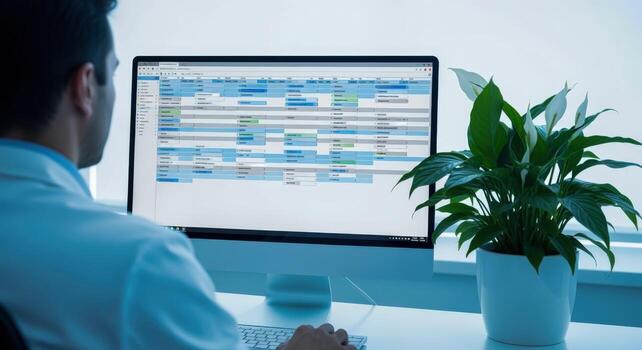 Doctor Reviewing Patient Schedules on Computer in Office Setting, Emphasizing Healthcare Technology and Modern Medical Administration photo