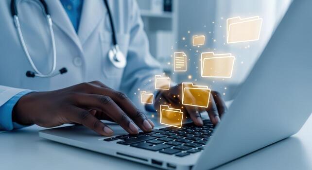 Doctor Entering Patient Data Electronically with Digital Files Overlayed on Laptop Screen, Healthcare Technology photo
