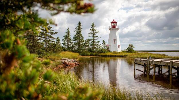 escénico faro en línea costera con nublado cielo, presentando tranquilo agua y lozano verdor en costas foto