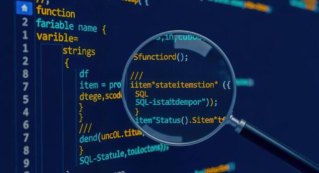 software código inspección con aumentador vaso demostrando depuración y análisis para error corrección y calidad garantía procesos foto