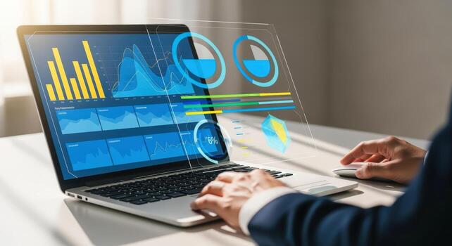 Financial Data Analysis on Laptop with Interactive Charts Displayed by Executive or Analyst photo