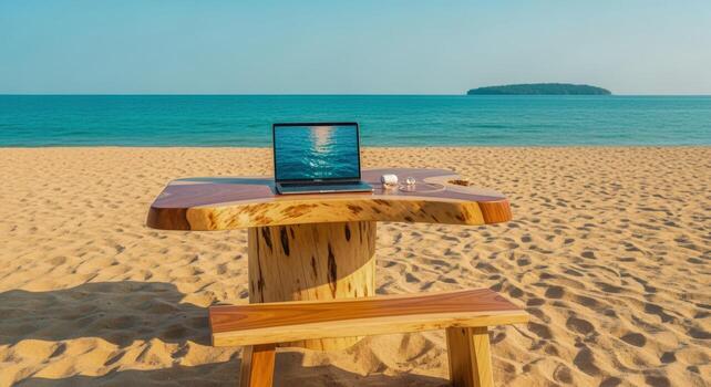 Work From Paradise Laptop on Beach Desk with Ocean View for Remote Work Lifestyle photo
