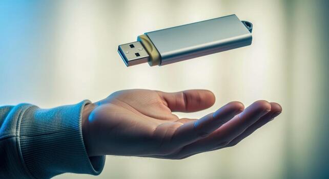 Hand levitating a USB drive for data transfer and storage with technology and innovation photo