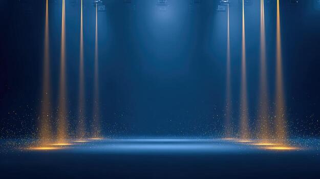 Illuminated Stage with Golden Light Streaks and Sparkling Particles on Dark Blue Background photo