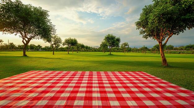 Lush Green Park with Red and White Picnic Blanket, Creating a Relaxing Outdoor Scene photo