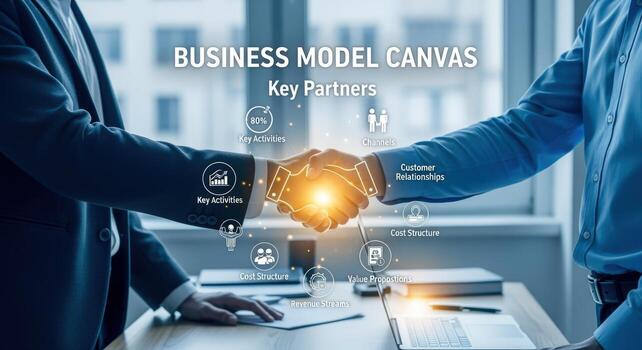 Business people shake hands over the Business Model Canvas framework, presenting strategy for opportunities and financial analysis photo
