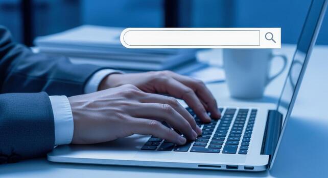 Hands on Laptop with Search Bar Overlay for Business Technology and Online Research Concepts photo
