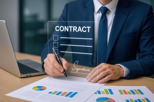 Businessman Reviewing and Signing Transparent Digital Contract with Graphs, Charts and Modern Technology in Office photo