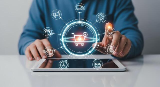 E-commerce Technology Concept Man Using Digital Tablet for Online Shopping with Connected Icons photo