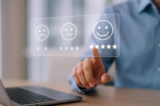 Customer Experience Feedback Hand Interacting with Digital Interface for Rating Satisfaction with Five Star Review photo