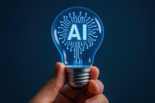 artificial inteligencia concepto ligero bulbo con ai circuitería retenida por mano en contra oscuro antecedentes foto