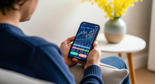 Man Analyzing Stock Market Trends on Mobile App Financial Investment and Portfolio Management photo
