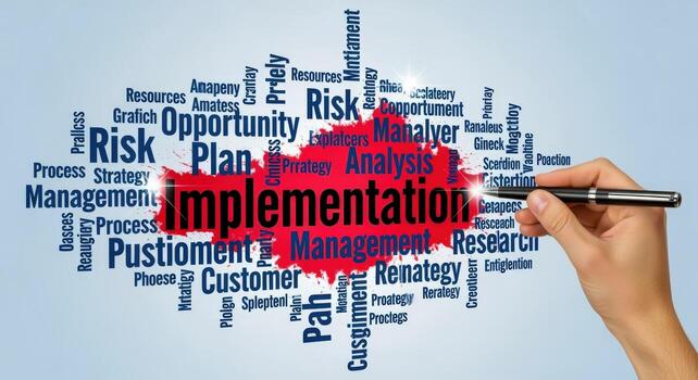 Implementation Strategy Word Cloud with Hand Holding Pen, Demonstrating Project Management and Business Solutions photo