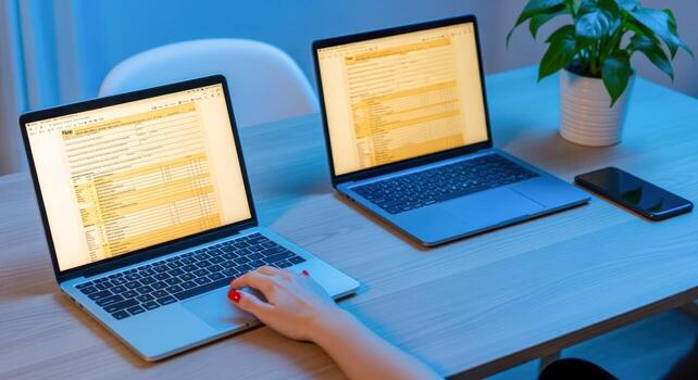 Coding on Two Laptops at a Desk with Mobile Phone and Potted Plant in Blue Lighting photo
