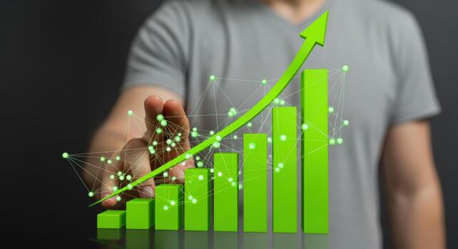 Business Growth Graph with Upward Arrow Symbolizing Success and Market Improvement, Man Touching Virtual Chart photo