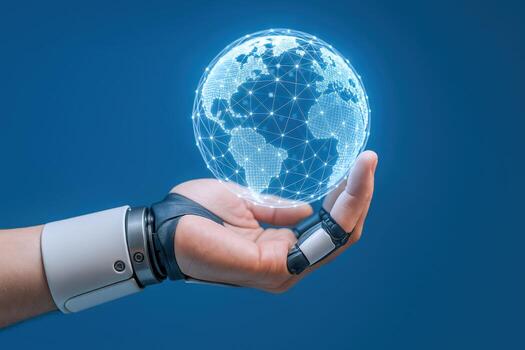 Robotic Hand Holding a Digital Globe Displaying Global Network Connection Technology for Futuristic Innovation photo