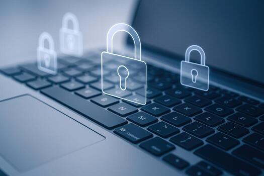 Cybersecurity on Laptop Digital Padlocks Over Keyboard Representing Data Protection and Network Security Concept photo
