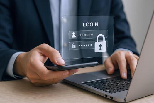 Secure Login Interface Man Using Laptop and Mobile with Password Protection for Digital Security photo