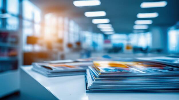 Close-up of Stacked Magazines on Table in Modern Office with Blurred Background photo