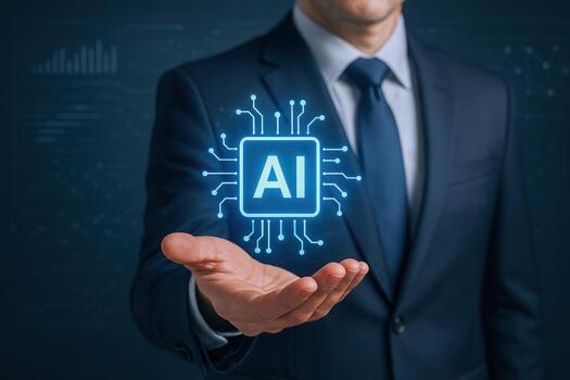 Artificial Intelligence Innovation Business Professional Presenting AI Technology Solution and Futuristic Digital Transformation Concept photo