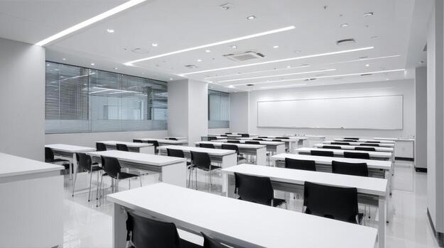 Bright Classroom Interior with Empty Desks and Whiteboard Ready for Students and Academic Activities photo
