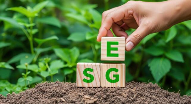 Environmental, Social, Governance concept with wooden blocks and a hand placing E on top of SG photo
