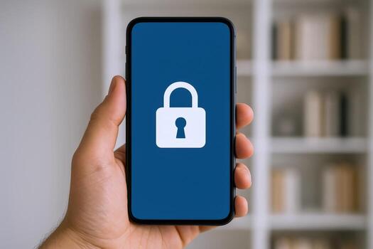 Mobile security app concept Hand holding smartphone with padlock symbol on the screen photo