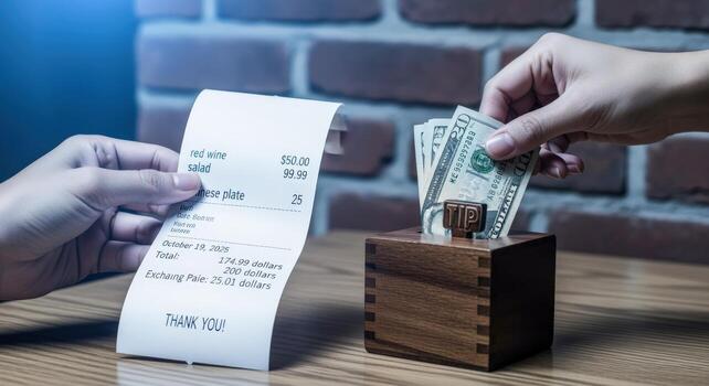 Paying Restaurant Bill with Cash Customer Handing Tip to Waiter at Table photo
