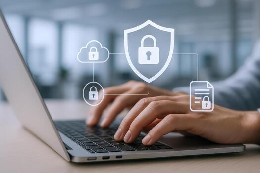Data Protection on Laptop Security Shield, Cloud, Padlock and Secure Document Concept photo