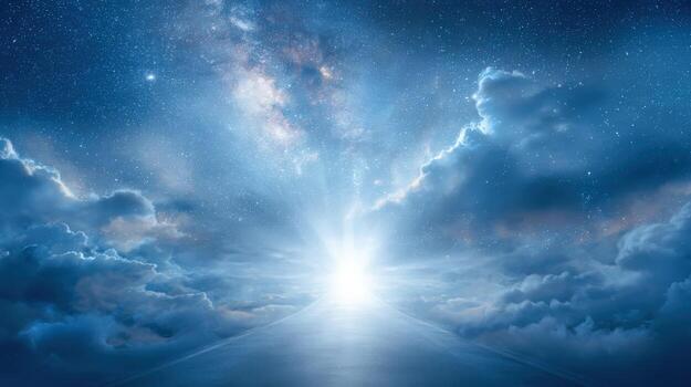 Celestial Pathway Through Clouds and Stars An Inspirational Journey to the Light in the Night Sky photo