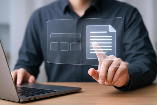 Businessman Interacting with a Digital Document Interface on a Transparent Screen, Pointing to a File photo