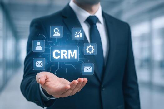 Businessman Presenting CRM System Concept Customer Relationship Management Technology, Software Solutions for Business Growth and Automation photo